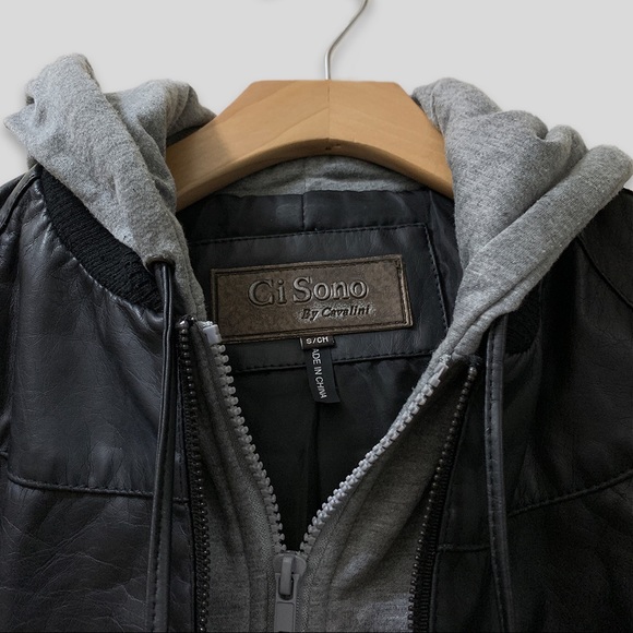 Ci Sono By Cavalini Faux Leather Hooded Jacket - Black/Grey - Picture 3 of 5